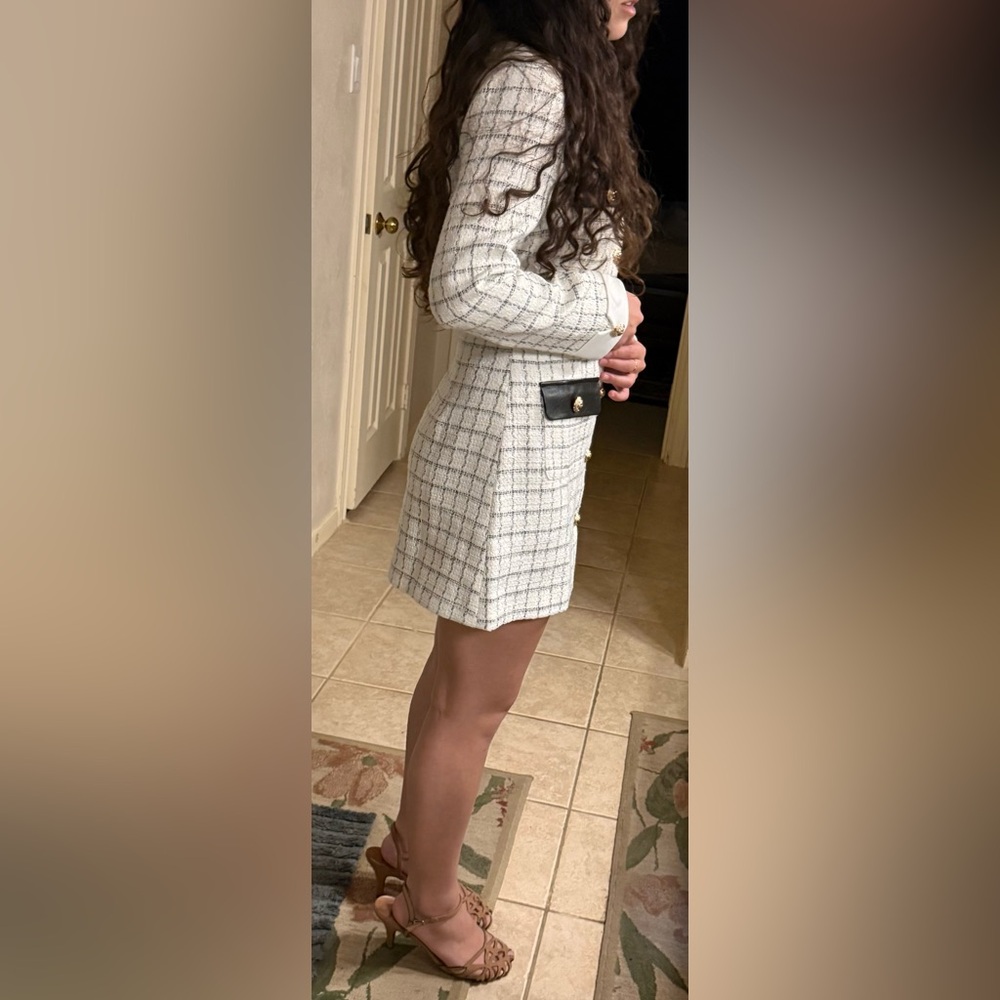 New Tweed Button-Front Mini Dress with Black Pocket Accents - Picture 5 of 9